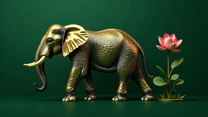 Fototapeta premium Golden elephant and lotus flower design on dark green background.