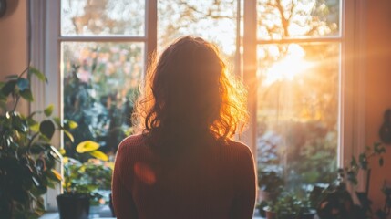 Silhouette of a woman looking out the window at the sunrise.