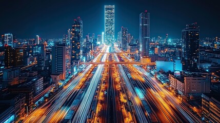 Vibrant Night Cityscape with Light Trails from Traffic and Tall Skyscrapers Illuminating Urban Landscape in a Metropolis