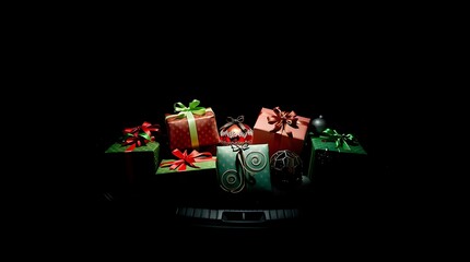 car trunk packed with Christmas decorations in shopping bags, filled with festive items like ornaments, lights, and gift promotions, seasonal advertisements, or lifestyle content
