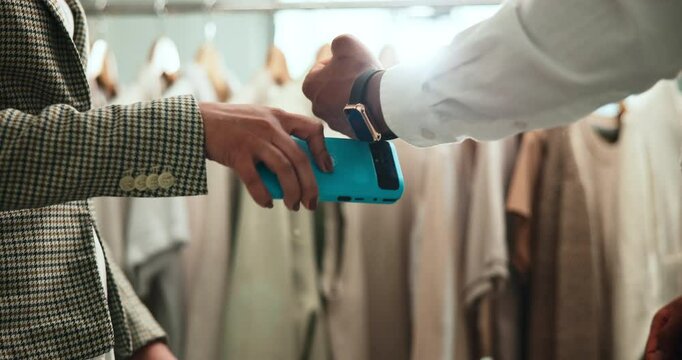 Shopping, card machine and hands of customer with watch in store for bargain, retail sale and purchase. Mall, fashion and person for online transaction, tap payment and POS in boutique for clothing