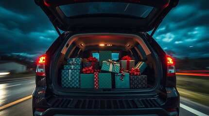 car trunk packed with Christmas decorations in shopping bags, filled with festive items like ornaments, lights, and gift promotions, seasonal advertisements, or lifestyle content