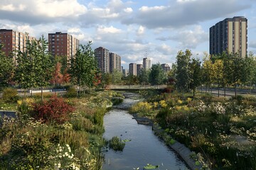 Naklejka premium Urban landscape featuring a serene river, greenery, and modern buildings under a cloudy sky.