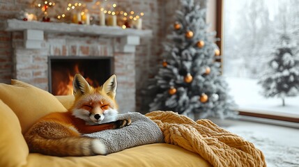 Cozy red fox sleeping on sofa by fireplace and Christmas tree.