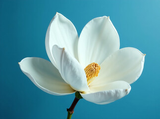 White Magnolia Blooms on Blue: Elegant white magnolia blossoms with golden accents on a vibrant blue background. Perfect for spring, floral, and nature themes.
