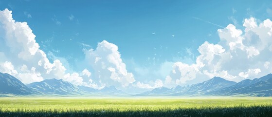 serene landscape with blue sky and fluffy clouds