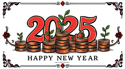 Calendar happy new year 2025 with graph and stack of growth coins. financial annual plan for save money, Budget, tax, investment, financial, savings, and New Year Resolution retirement concept.