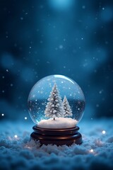 Christmas Snow Globe In Eve Night - Wish Concept With Snowing And Blue Abstract Defocused Background