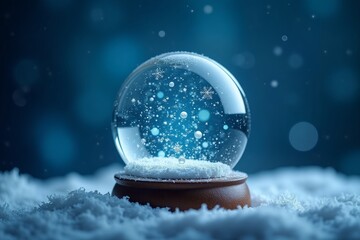 Christmas Snow Globe In Eve Night - Wish Concept With Snowing And Blue Abstract Defocused Background