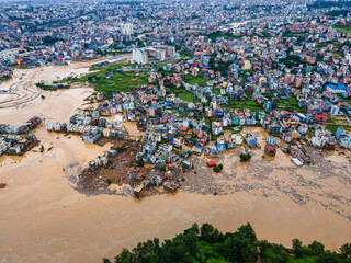 Drone view of the Nakhu River flooded in Lalitpur, Nepal..