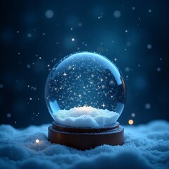 Christmas Snow Globe In Eve Night - Wish Concept With Snowing And Blue Abstract Defocused Background