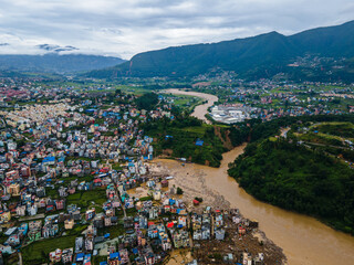 Drone view of the Nakhu River flooded in Lalitpur, Nepal..