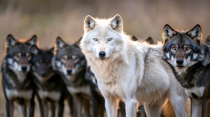 Fototapeta premium Majestic White Wolf Leading Black Wolf Pack Wildlife Nature Photography
