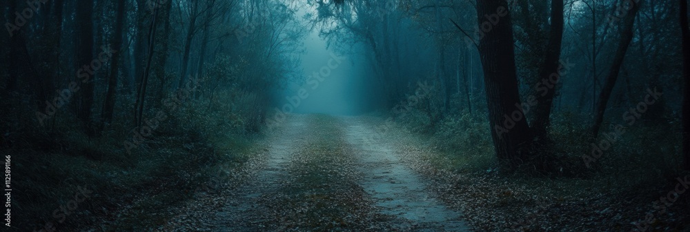 Leinwandbilder a tranquil forest pathway winds into thick trees, shrouded in soft mist, inviting exploration while 