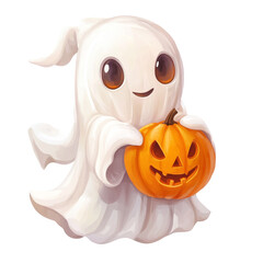Fototapeta premium Adorable Boo Holding a Jack-o'-lantern: A Cute Halloween Treat