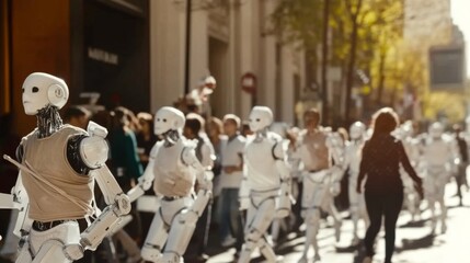 Obraz premium Group of humanoid robots walking through a busy urban environment