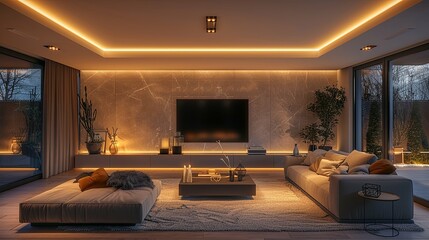 Modern living room with warm lighting, marble wall, and comfortable seating.