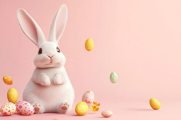 Obraz premium Charming white easter bunny amidst vibrant decorated eggs against a soft pink backdrop, setting a joyous easter atmosphere