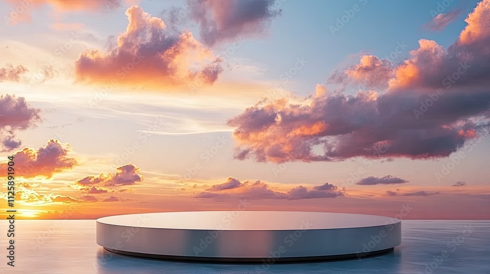 Wall mural minimalist silver podium for product display set against a gradient sky with sunset clouds in warm t