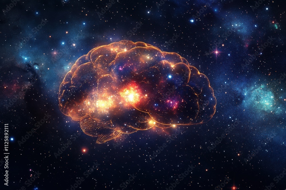 Poster A mesmerizing brain shape emerges from vibrant stars and galaxies, suspended in the endless expanse of deep space, inviting wonder and imagination. Generative AI