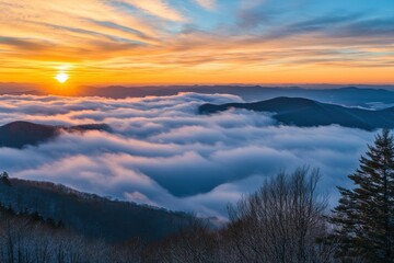 stunning sunrise over misty mountains with colorful sky