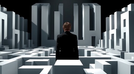 businessman stands facing a complex maze pattern, symbolizing challenges and decision-making in professional life.