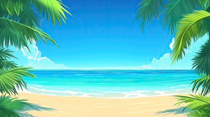 White sand tropical beach with palm trees against clear blue sky, expansive travel background for tourism and holiday designs. --chaos 12 --ar 16:9 --v 6.1 Job ID: 91fc6cef-00ec-4407-8250-f55f6d139c71