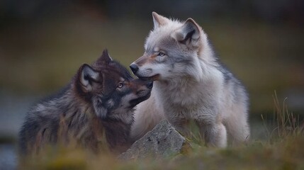 Fototapeta premium Majestic Wolves in Wild Nature Grey Black Canis Lupus Wildlife Tundra Closeup