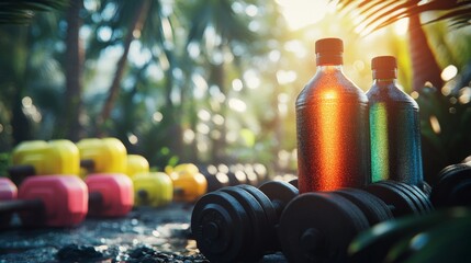 Vibrant Outdoor Fitness Scene with Drinks and Weights