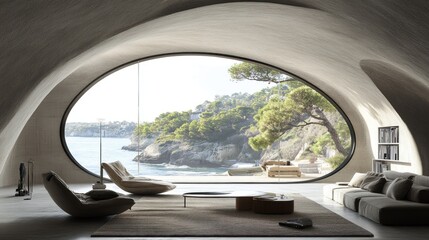 Circular window in a modern living room, coastal scene framed beautifully outside