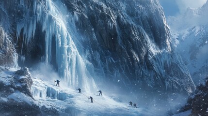 Climbers ascend icy waterfall on snowy mountain.