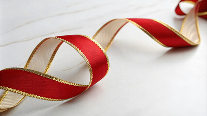 Elegant red ribbon with gold trim on marble surface, perfect for decorations