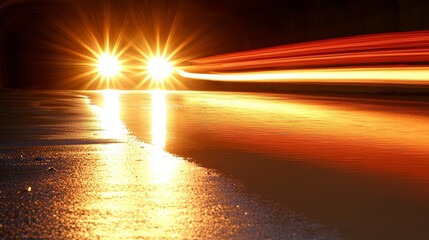 Dynamic Abstract Light Trails in Dark Tunnel  Golden Hour Illumination  Speed  Motion Blur