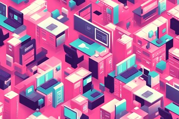 Fototapeta premium Colorful Isometric Office Space with Desks, Monitors, Chairs, and Laptops in a Vibrant Pink and Blue Palette Perfect for Modern Workplace Illustrations