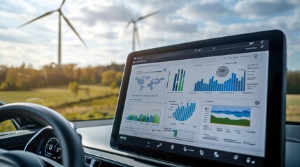 A digital dashboard displays analytics while wind turbines stand in the background, showcasing a blend of technology and renewable energy.