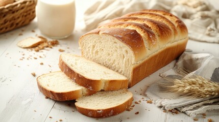 Freshly baked homemade bread, sliced and ready to serve with milk, placed on a rustic white wooden table with crumbs scattered around