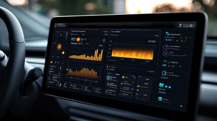 A sleek dashboard display in a car shows dynamic data visualizations with vibrant colors and graphs, reflecting advanced technology and monitoring capabilities.
