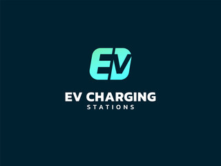 Electric vehicle charging with letter EV Plug Connector Symbol logo vector design concept. Letter EV logotype symbol for Electric Car, EV station, ui, web, ev business, infographic, new technology.