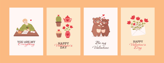 Happy Valentive's Day. Pink valentines collection. Greeting card set. Vector illustration with romantic elements: cactus, cupcake, vase with tulips, bears in love, guy writing a love letter.