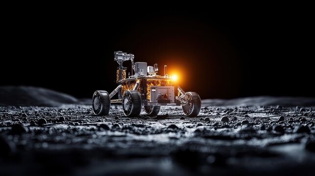 A lunar rover explores the moon's surface, illuminated by a bright light, showcasing advanced technology against a dark cosmic backdrop.