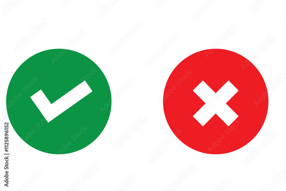 Wall mural checkmark icons tick and cross sign green check mark and red x cross on white background. circle sha
