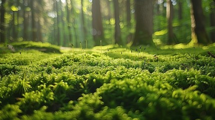 Sunlit Moss Carpet in a Verdant Forest, Tiny Plants Emerging