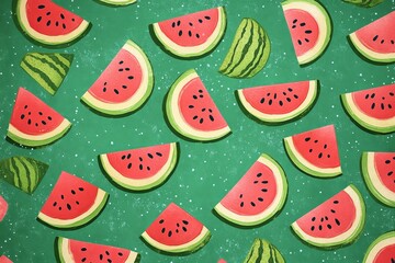 Colorful watermelon slices pattern on green background.