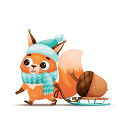 A cute squirrel in winter gear joyfully pulls a sled filled with an acorn, evoking festive seasonal themes