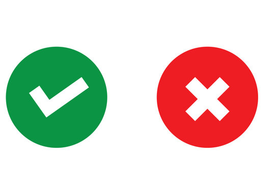 Checkmark icons tick and cross sign green check mark and red x cross on white background. Circle shape yes correct and no wrong button vector illustration graphic
