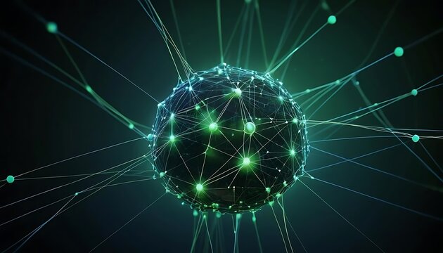 abstract blue green technology background with a cyber network grid and connected particles artificial neurons global data connections .stock immage
