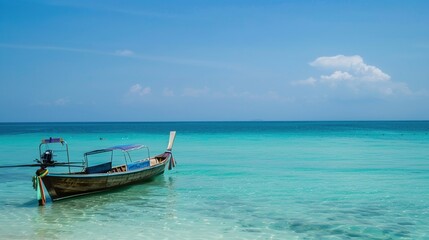 A small boat on the blue sea on the beach