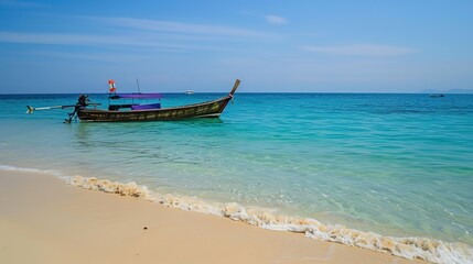 Obraz premium A small boat on the blue sea on the beach
