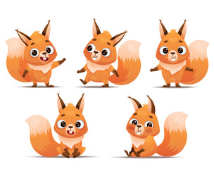 Charming and adorable illustrations of cartoon squirrels depicted in a variety of playful poses and joyful expressions