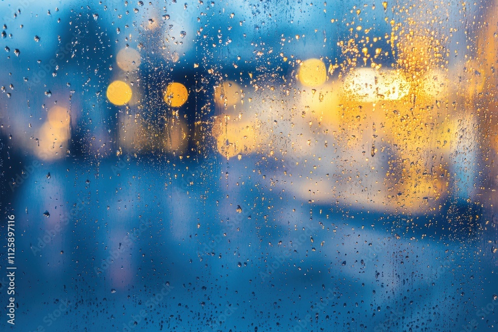 Leinwandbilder raindrops form patterns on a window, revealing a dimly lit, empty street outside during a rainy even